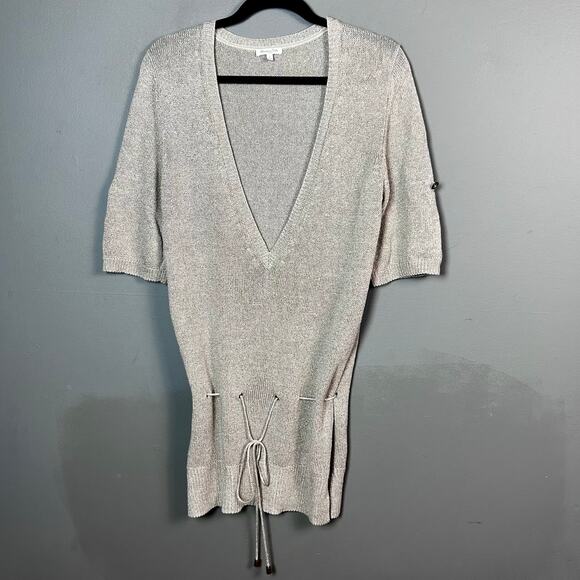 Massimo Dutti sweater Large lightweight linen belted v-neck blouson minimalist - Picture 2 of 14